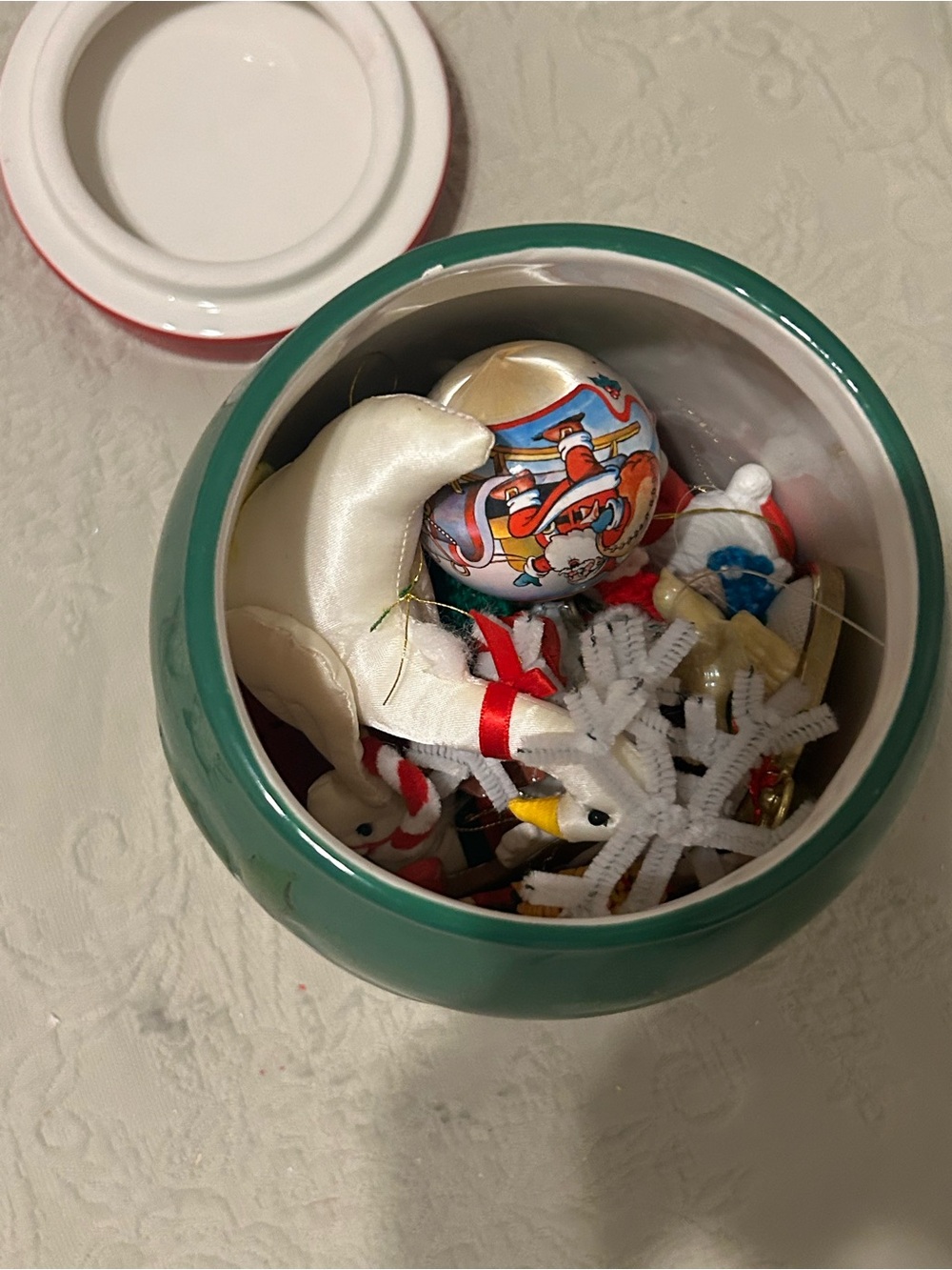 Misc Lot of Vintage Christmas Ornaments inside a Chalkboard Cookie Jar